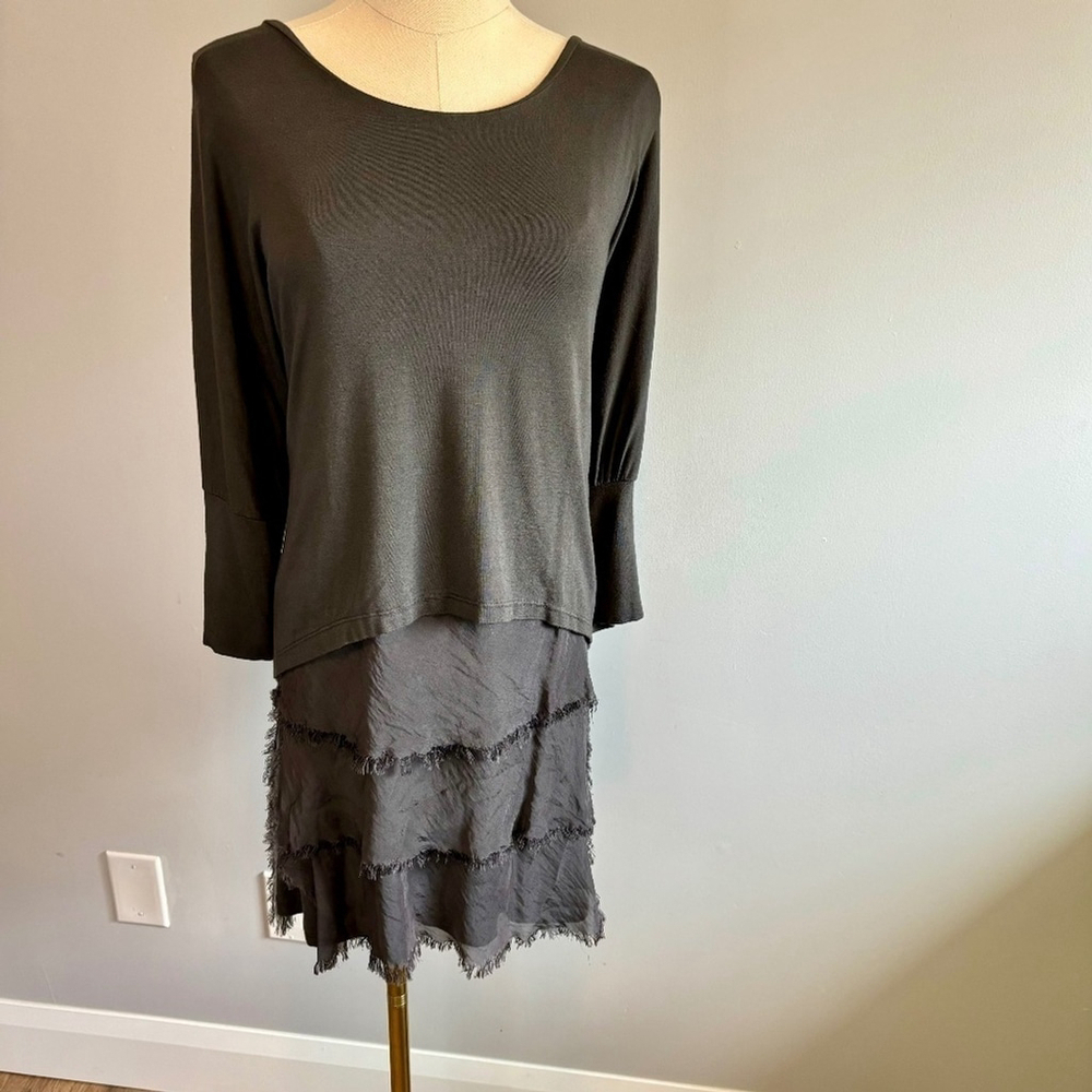 Angela Mara, Women's Dolman Sleeve, Layered Silk Ruffle, Grey Midi Dress, SZ XL
